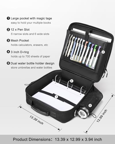 3 Inch 3-Ring Zipper Binder with Water Bottle Holder and Handle | D-Ring Zip Up Binder with Shoulder Strap, 700 Sheet Capacity, Compatible with 13" MacBook/Tablet, for School, Office, Black - color: Black