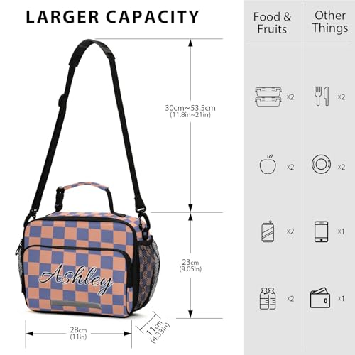Custom Student Lunch Bag for Boys Girls Orange Blue Checkered Personalized Lunch Box With Name Insulated Cooler Bag for School Picnic Travel - color: Multi12