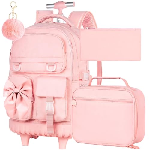 3Pcs Rolling Backpack for Girls Women, School Kids Roller Bookbag with Wheels, Wheeled Backpacks Set for Elementary (Pink) - color: Bow Pink
