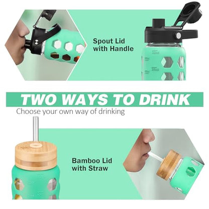 MUKOKO Glass Water Bottle, 32oz, Green | Glass Tumbler with Straw, Drinking Bottles with 2 Lids-Handle Spout Lid & Bamboo Straw Lid, Silicone Sleeve, 1 Pack - color: Green, size: 32 Ounces