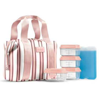 Fit & Fresh Remi Lunch Bag for Women Work – Neoprene Lunch Tote with Containers & Ice Pack, Reusable Meal Prep Lunch Box, Large Capacity, Machine Washable - color: Pink Chunky Stripe