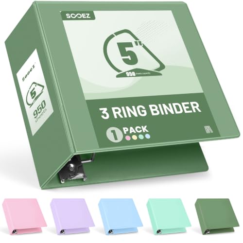 Sooez BinderX Extra Durable 5 Inch 3 Ring Binder, D-Ring Large Binder, Holds 950 Sheets of 8.5x11 Paper, Customizable View Cover with Inside Pockets, Heavy Duty 3 Ring Binder for School, Olive Green - color: Olive Green, size: 5 inch