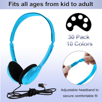 Yunsailing 30 Pack Bulk Over Ear Headphones Set On Ear Headsets Earphones with Adjustable Headband and 3.5mm Plug for Group Learning, Computer Lab, Library, Online Lesson (Vivid Color) - color: Vivid Color