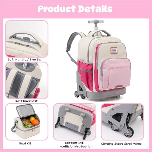 18 Inch Rolling Backpack for Girls, 3-Wheel Stair Climbing Kids Roller Backpack Set with Lunch Bag & Rain Cover, Travel Backpack for Kids, Back to School Essentials for Girls 8-12, Pink