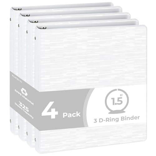 POPRUN 3 Ring Binder 1.5 Inch, PVC-Free, Holds 325 Sheets of 8.5 x 11 Paper, Extra Durable Organizer with 2 Pockets for School & Office, Heavy-Duty, 4 Pack, White - color: White, size: 1.5 inch