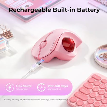 seenda Wireless Trackball Mouse, Ergonomic Bluetooth Rollerball Mouse Rechargeable, 3 Device Connection Optical Mice Adjustable DPI Thumb Control Mice Compatible for PC/Laptop/Windows/Mac - Pink - color: Pink