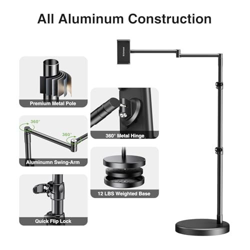 elitehood Heavy Duty Aluminum iPad Stand for Bed with Long Swivel Arm, Floor Tablet Holder for Bed Recliner Sofa, Adjustable iPad Floor Stand Holder, Fits Tablet, Kindle, iPhone and 4.7-13in Devices