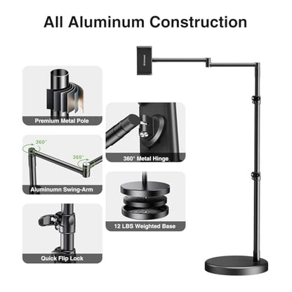 elitehood Heavy Duty Aluminum iPad Stand for Bed with Long Swivel Arm, Floor Tablet Holder for Bed Recliner Sofa, Adjustable iPad Floor Stand Holder, Fits Tablet, Kindle, iPhone and 4.7-13in Devices