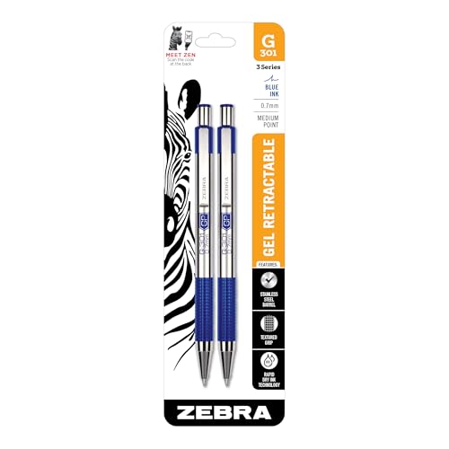 Zebra Pen STEEL G-301 Retractable Gel Pen, Blue Ink, 0.7mm, 2-Pack - color: Blue A