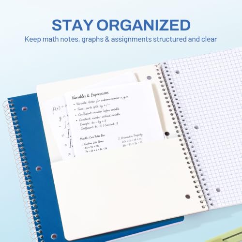 SUNEE Spiral Notebook, 1-Subject, Graph Ruled Paper, 8" x 10-1/2", 100 Sheets per Notebook, 3-Hole Punched Paper, Water Resistant Cover, Spiral Grid Notebooks for Work, Home, School, Dark Blue - color: Dark Blue
