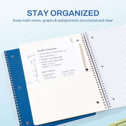 SUNEE Spiral Notebook, 1-Subject, Graph Ruled Paper, 8" x 10-1/2", 100 Sheets per Notebook, 3-Hole Punched Paper, Water Resistant Cover, Spiral Grid Notebooks for Work, Home, School, Dark Blue - color: Dark Blue