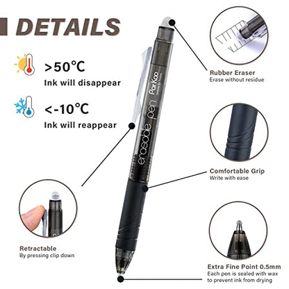 ParKoo Retractable Erasable Gel Pens Clicker Fine Point 0.7 mm, Make Mistakes Disappear, 3 Black/3 Blue Ink Pens with 4 Bonus Refills for Drawing Writing Journaling and Crossword Puzzles - color: Black Blue