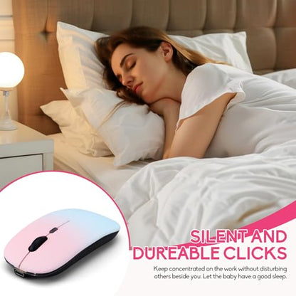 LED Wireless Mouse, Slim Silent Dual-Mode 2.4G+BT Rechargable 7-Color Portable Mobile Optical Office Mouse with USB Receiver, 3 Adjustable Levels for Notebook, PC,Computer, MacBook (Gradient pink) - color: Gradient pink