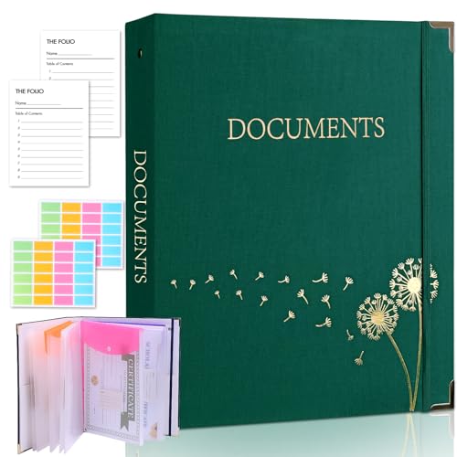 XKDOUS Important Document Organizer Folio Folders with 9 Pockets 3 Ring Linen Binder Organizer Expanding Storage Documents Holder with 9 Pockets and Labels for Papers, Files - color: Darkgreen