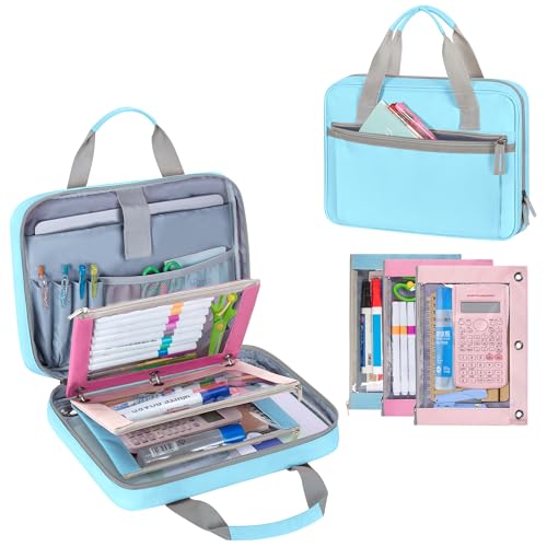 YARWO 2026 Upgraded Zipper Binder with 3 Pencil Pouches, 3 Ring Binder Bag | Small File Organizer, Multi Pockets, Padded Sleeve Fits 13” iPad, ID window, 1.2" O Ring, for School, Office, Work, Blue - color: Blue