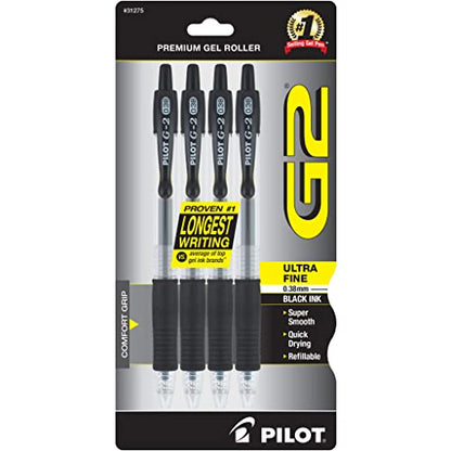 Pilot G2 Premium Refillable and Retractable Rolling Ball Gel Pens, Ultra Fine Point, Gel Ink Pens, 0.38mm, Black Ink, 4-Pack
