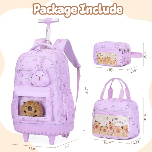 Capybara Theme Rolling Backpack with Lunch Bag & Pencil Case, Kids Rolling Backpack for Girls, Wheeled School Bookbag with Telescoping Handle for Kindergarten Elementary Middle High School - color: Purple