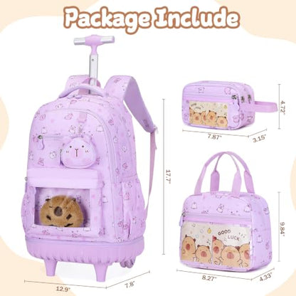 Capybara Theme Rolling Backpack with Lunch Bag & Pencil Case, Kids Rolling Backpack for Girls, Wheeled School Bookbag with Telescoping Handle for Kindergarten Elementary Middle High School - color: Purple