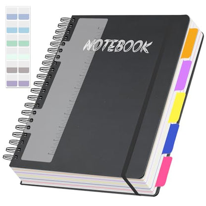 5 Subject Notebook College Ruled, 300 Pages A4 Hardcover Spiral Notebook with Removable Dividers Tabs 8.5" x 11" 100GSM Large Lined Journal Notebooks for Work School - color: black