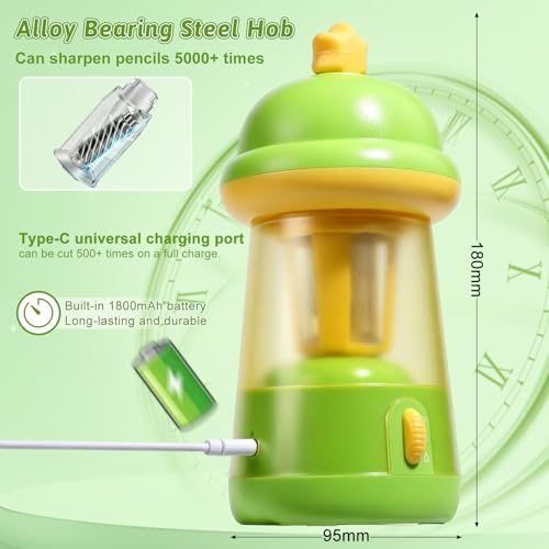 Rechargeable Electric Pencil Sharpener, 6-12mm Auto in & Out Fully Automatic Pencil Sharpener for Kids, Large Capacity Battery Powered, with Cartoon Stickers Ideal for Classroom & Home (Green) - color: Green