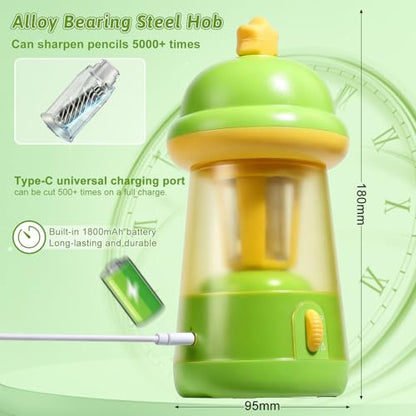 Rechargeable Electric Pencil Sharpener, 6-12mm Auto in & Out Fully Automatic Pencil Sharpener for Kids, Large Capacity Battery Powered, with Cartoon Stickers Ideal for Classroom & Home (Green) - color: Green