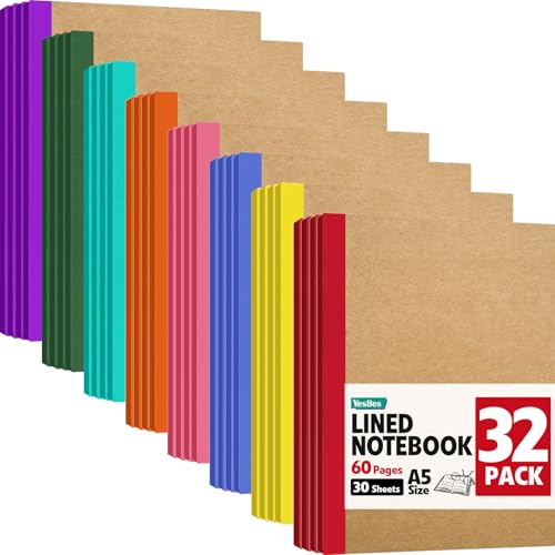 32 Pack Composition Notebooks Bulk, A5 Kraft Cover Lined Journaling Notebooks, 8.3”x 5.5” Travel Notebook for School Office Students Artists, 8 Colors 60 Pages