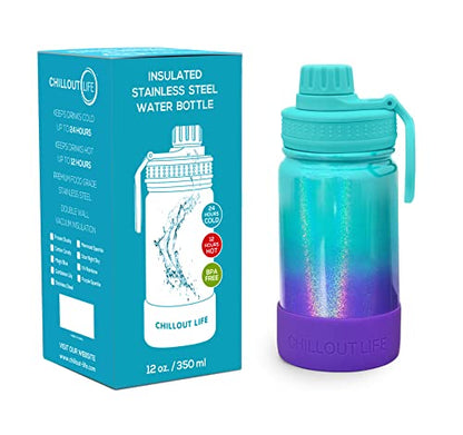 CHILLOUT LIFE 12oz Kids Insulated Stainless Steel Water Bottle with Leak Proof Spout Lid & 144 Stickers - color: Mermaid Sparkle, style: 12 oz