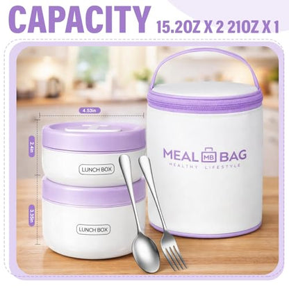 Dandat 2 Pcs Portable Insulated Lunch Containers Thermal Bento Box with Bag Fork Knife Stainless Steel Lunch Box 15.2 oz 21 oz Separate Stackable Food Jar for Adult Men Women(Purple) - color: Purple