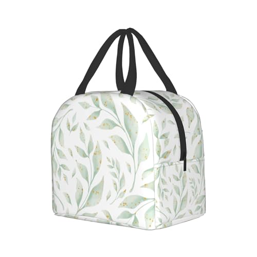 Nerxy Watercolor Leaf Insulated Lunch Bag Spring Sage Green Lunch Box Reusable Cooler Tote Bag Woman 8x5x8.5inch Waterproof Meal Container with Pocket for Work School Travel Office Picnic - color: Leaf