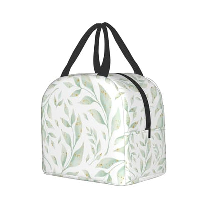 Nerxy Watercolor Leaf Insulated Lunch Bag Spring Sage Green Lunch Box Reusable Cooler Tote Bag Woman 8x5x8.5inch Waterproof Meal Container with Pocket for Work School Travel Office Picnic - color: Leaf