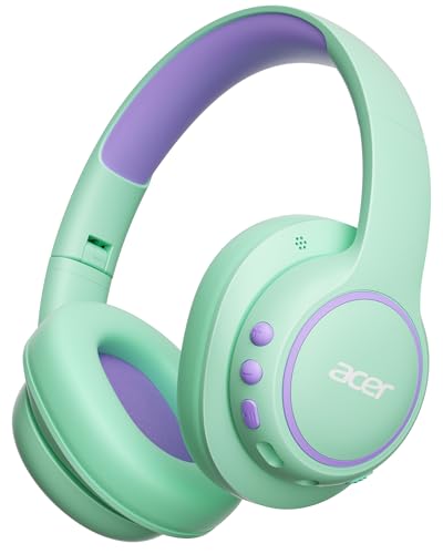 acer Kids Bluetooth Headphones, Over Ear Headphone for Kids with Mic, 75H Playtime, 85dBA Safe Volume, Bluetooth 6.0, USB C Fast Charging, Toddler Headphones for iPad/Tablet/Travel/School-Green Purple | 75H Playtime, Bluetooth 6.0, 3.5mm Jack Aux Cord, 85