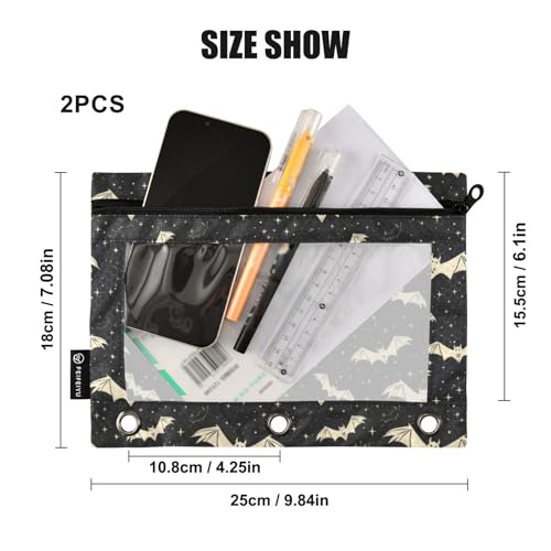 Binder Pencil Pouches, Bats and Stars Pencil Case with Clear Window 3 Rings Pen Case Holder School Office Supplies Cosmetic Makeup Bag - color: Bats and Stars