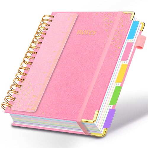 Hardcover Spiral Notebook with Removable Dividers & Tabs, 8"x10" 5 Subject Notebooks for Work, 300 Pages College Ruled Notebook, B5 Sparkle Lined Journal for Women Girls Note-Taking (Pink) - color: Pink, size: 8''x 10''