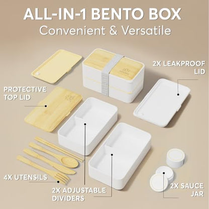 Umami Bento Box Adult All-In-1 w/ 4 Utensils 100% Leakproof, Microwave & Dishwasher Safe Lunch Containers for Adults w/Compartments, Bento Lunch Box Containers - color: White & Bamboo, size: M - 40 oz