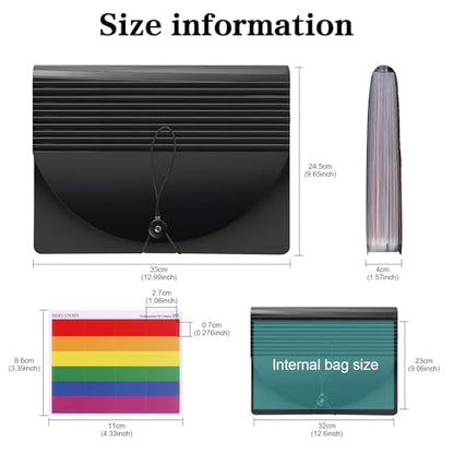 37-Pocket Expanding File Folder with Labels, A4/Letter Size Accordion Document Organizer, Portable Black Folder for Office, Travel, Business, School & Home