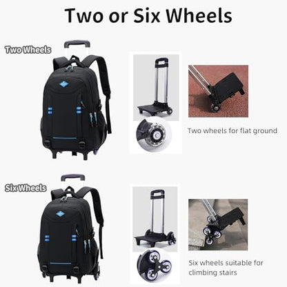 Rolling Backpack for Boys Elementary School Bag with Wheels Travel Trolley Bag 2 wheels and 6 wheels - color: Black/Blue 2 Wheels, size: 2 wheels