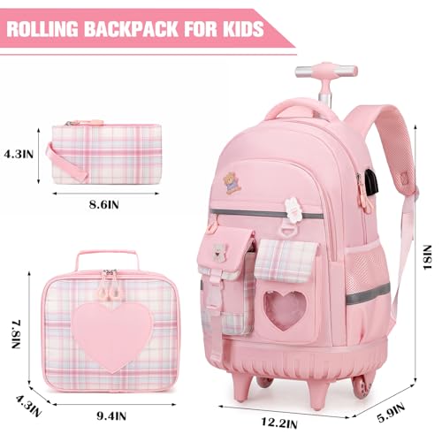 ACESAK Rolling Backpack for Girls - Roller Wheels School Bookbag with Lunch Bag & Pencil Pouch for Teen Girls Kids Wheeled Suitcase Backpacks, Elementary Middle School Travel Daypack (Pink) - color: Pink