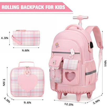 ACESAK Rolling Backpack for Girls - Roller Wheels School Bookbag with Lunch Bag & Pencil Pouch for Teen Girls Kids Wheeled Suitcase Backpacks, Elementary Middle School Travel Daypack (Pink) - color: Pink
