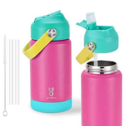 Kids Insulated Water Bottle with Straw Lid & Silicone Handle,12oz Kids Leak Proof Water Bottle for School Boys Girls,Double Wall Vacuum Stainless Steel with Non-slip Silicone Base(Rose Pink) - color: Rose Pink, size: 12 Ounces