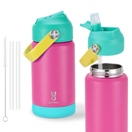 Kids Insulated Water Bottle with Straw Lid & Silicone Handle,12oz Kids Leak Proof Water Bottle for School Boys Girls,Double Wall Vacuum Stainless Steel with Non-slip Silicone Base(Rose Pink) - color: Rose Pink, size: 12 Ounces