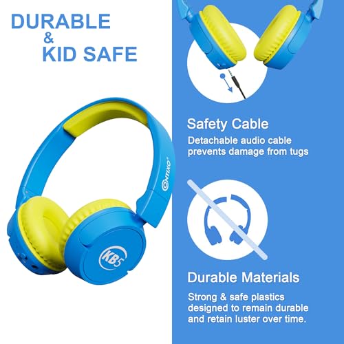 Contixo KB-5 Kids Headphones - Over The Ear Foldable Bluetooth Wireless Headphone for Kids - 85dB with Volume Limited - Toddler Headphones for Boys and Girls (Blue + Yellow) - color: Blue
