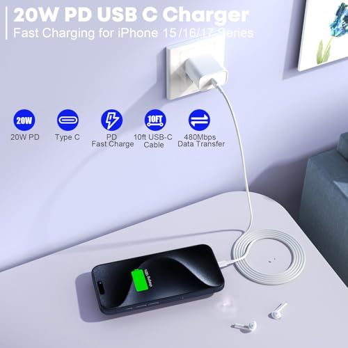 아이폰 17/16/15 충전기용 고속 충전기, 3m(10피트) 엑스트라 롱 고속 충전 3팩 블록 USB-C to USB C 고속 충전 케이블 코드 아이폰 에어/17 프로 맥스/아이폰 16 프로/16 플러스/15 프로 맥스, 아이패드 프로/에어/미니용 - color: 화이트., size: 20W