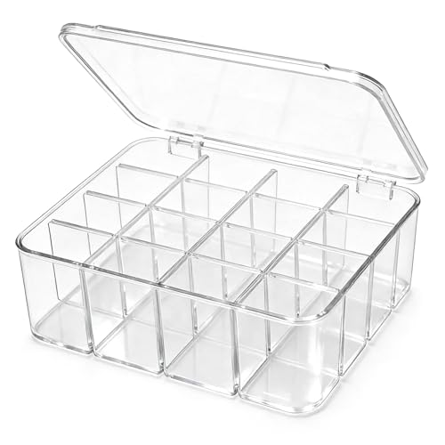 Socks Underwear Drawer Organizer, 16 Compartment Clear Plastic Storage Box with Lid & Adjustable Dividers, Tie Box, Tea Bag Organizer, Acrylic Organizer Box (12x10x3.9 Inch)