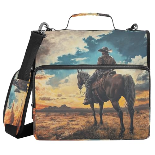 Aslsiy Zipper Binder West Cowboy on Horse 1.5 inch 3-Ring Binder Organizer with Shoulder Strap for School Office Supplies
