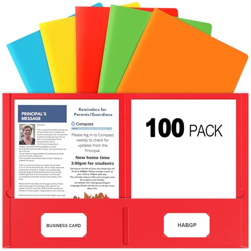 HABGP Two Pocket Folders, 100 Pack 2 Pocket Folders Fit Letter Size Paper, Colored Paper File Folders with Pockets for School Office Home Business (5 Colors) - size: 100 Pack Paper