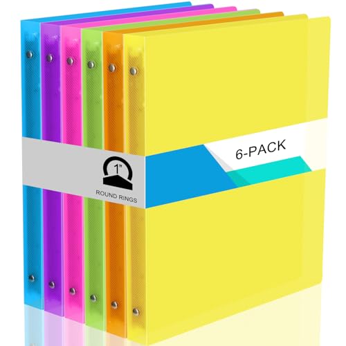 Fulmoon 6 Pack Plastic 3 Ring Binder Assorted Colors Economy Flexible Round Ring Presentation Binders with Pocket for Office School Meeting(1 Inch,Neon Colors) - color: Neon Colors, size: 1 Inch