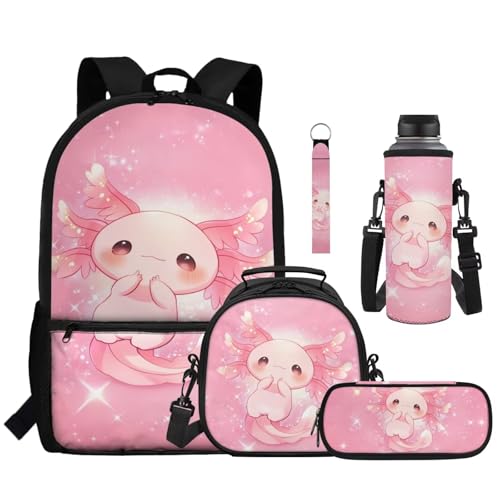 Kawaii Axolotl 5 Piece Kids Bookbag Set with Lunch Bag Pencil Case and Water Bottle Holder Large Capacity Backpack for School and Travel - color: Kawaii Axolotl-b