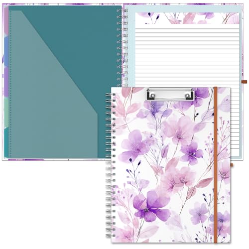 Hongri Clipboard Folio with Refillable Lined Notepad, 8.5 x 11 Folders with Storage 10 Pockets, Spiral Portfolio, Size 12.8X 9.7 in, Office & School Supplies, Purple Floral - color: Purple Floral