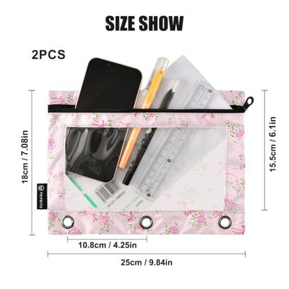 Binder Pencil Pouch for 3 Ring Binder Pencil Case Bags Pink Small Floral with Zipper Girls Clear Window 2 Pack - color: Pink Small Floral