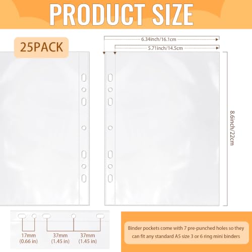 VOKOY 25 Pack 5.5x8.5 Inch Sheet Protectors for 3 or 6 Ring A5 Binder, Half Letter Size 7 Holes Mini Heavy-Duty Sheet Protector Sleeves Crystal Clear Playbill Binder Pockets - size: 5.5x8.5 Inch-1 Pocket, style: 25 Pack